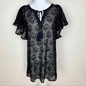 NWT Ark & Co Black Lace Gathered Rose Dress